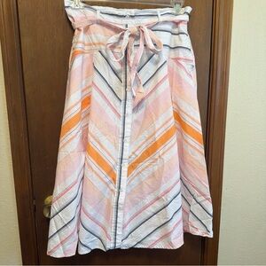 Striped Button-Front A-Line Skirt with Tie Waist - Pink & Orange Sz M